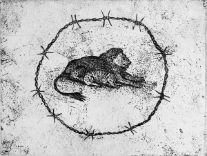 "Fake paradise" line etching, h 12,8 cm x w 16,7 cm